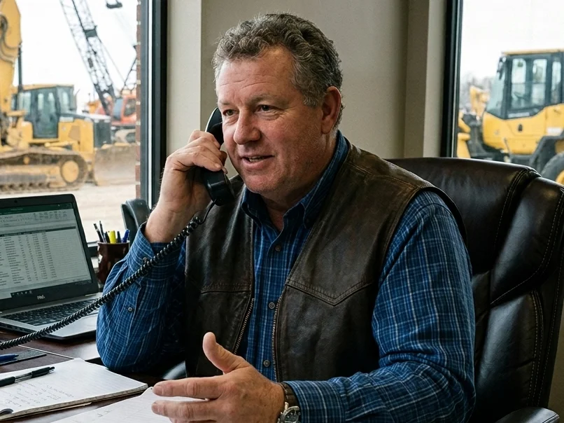 An image of a heavy equipment representative on the phone offering support for a client